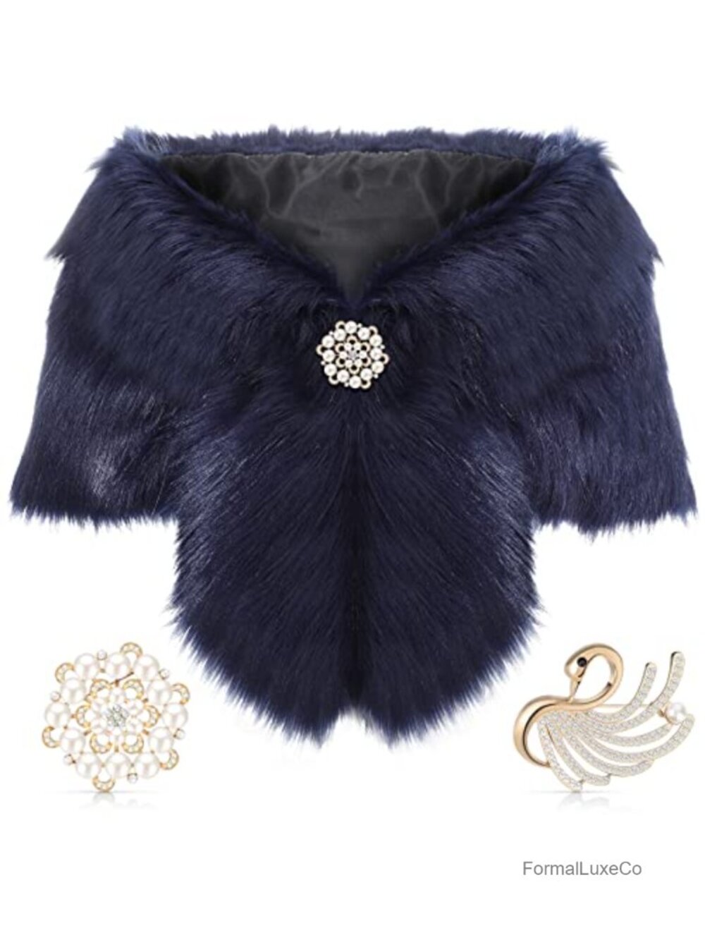 Faux Fur Shawl Wrap with 2 Brooches Winter Bridal Cover Up
